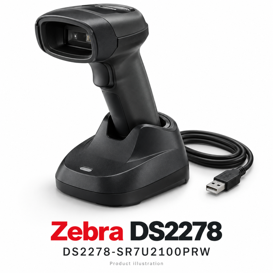 Zebra DS2208 black 2D barcode scanner USB kit, including USB cable and stand.